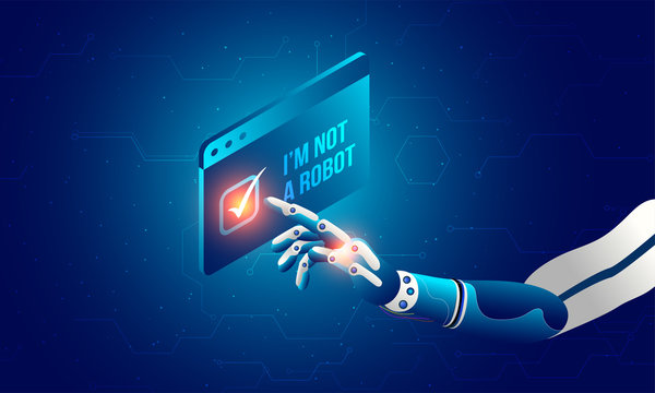 Robotic hand clicking on captcha 'I am not a robot'. Artificial intelligence(AI) concept.