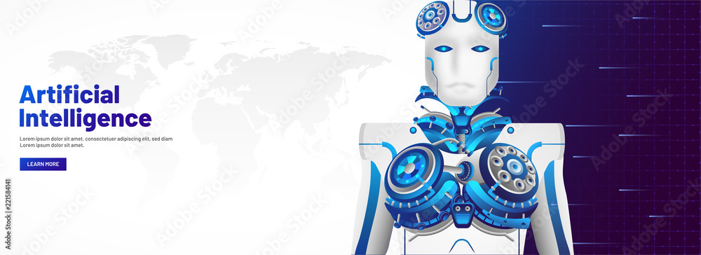 Wall mural artificial intelligence (ai) responsive web banner design, humanoid robot touching a virtual space d