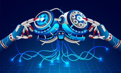 Artificial Intelligence (AI) concept based banner or poster design with 3d illustration of robotic hands touching robotic brain for machine learning.