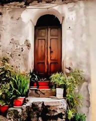 Fototapeta na wymiar Oil painting. Art print for wall decor. Acrylic artwork. Big size poster. Watercolor drawing. Modern style fine art. Paiting for sale. Beautiful exotic tropical landscape. Wooden door near stone wall