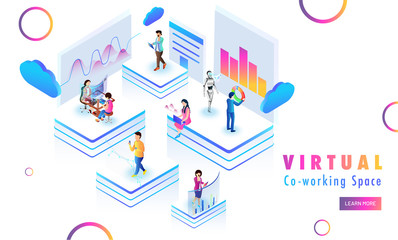 Isometric design for Virtual Co-Working Space web template design, remote coworking platform with miniature people analysis stats at distant places.