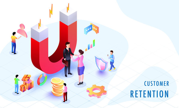Miniature people as buyer and shopper, isometric concept for Customer Retention or loyalty, lady shopper build relation with buyer, magnet attract potential buyers.