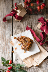 Flapjack of oats, pumpkin seeds, sunflower seeds and dried fruit, in gift packets for Christmas 