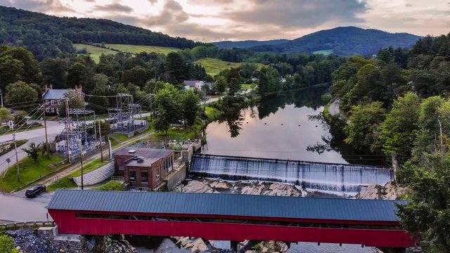 Vermont Covered Bridge, Drone Aerial Timelapse Video, Taftsville