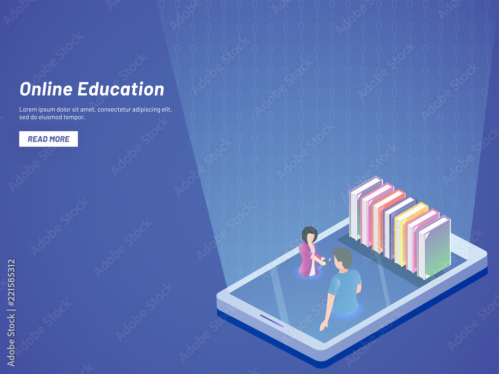 Poster E-Library or E-Learning concept based isometric design with boy and girl preparing together.