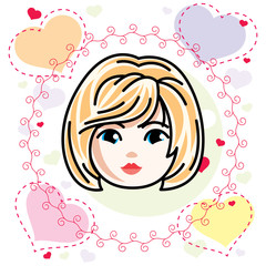 Vector illustration of beautiful blonde girl face, positive face features, Valentine day clipart.