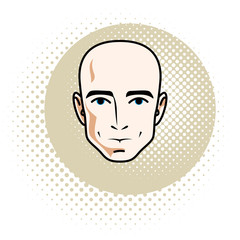 Man face, human head. Vector character, handsome bald male.