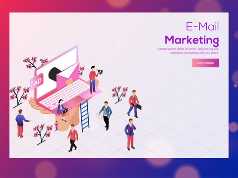 E-mail Marketing concept based landing page design, isometric illustration of laptop with mail, advertising way to attract people to providing best deals and offers.