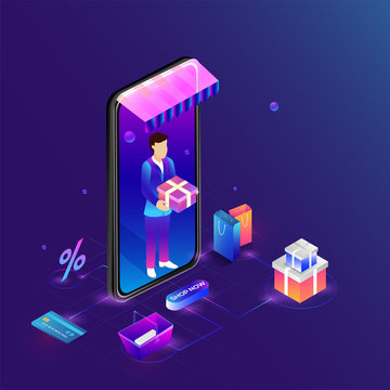 Isometric Smartphone With Home Delivery Service, Multiple Shopping Equipments On Shiny Background. Online Shopping Concept Based Wen Template.