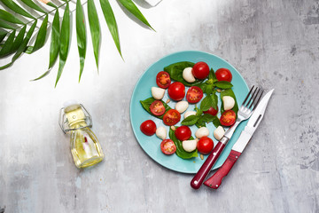 Delicious caprese salad with cherry tomatoes and mozzarella cheese balls with fresh basil leaves on blue plate and gray slate background with palm leaf, top view. Italian healthy food concept