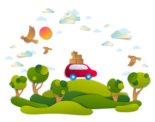 Car travel and tourism, red minivan with luggage riding off road in green meadows among trees, birds and clouds in the sky, paper cut vector illustration of auto in scenic nature landscape.