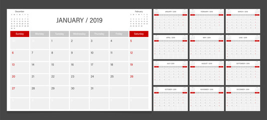 2019 calendar planner set week start Sunday corporate design template vector. - obrazy, fototapety, plakaty