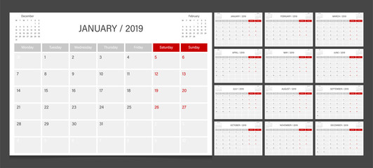 2019 calendar planner set week start Monday corporate design template vector.
