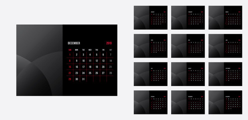 Vector design template of calendar for 2019 year. black tone