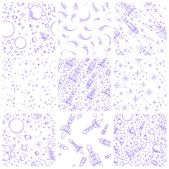 Space seamless background with rockets, planets, asteroids, comets, meteors and stars, undiscovered galaxy fantastic textile fabric for children, endless tiling pattern, vector illustration cartoon.
