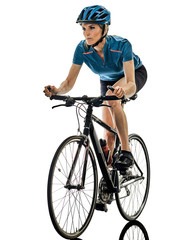 Obraz premium one caucasian cyclist woman cycling riding bicycle isolated on white background