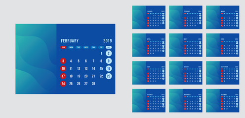 Vector design template of calendar for 2019 year. blue tone