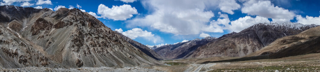 Panoramic View of Pamir Mountain Range and Pamir Highway or M41 Highway near China border, Northeastern of Tajikistan.