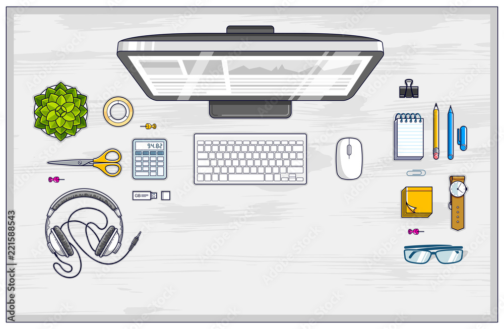 Fototapete office employee or entrepreneur work desk workplace with pc computer and diverse stationery objects 