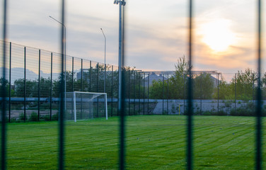 Fototapeta na wymiar Football field with green lawn at sunset.Sports and team play.