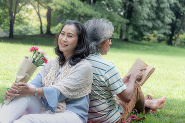 Retirement couple, sitting and picnic on green lawn in shady park, With fresh fruits, breads, beverages and books, It mages for a happier holiday.