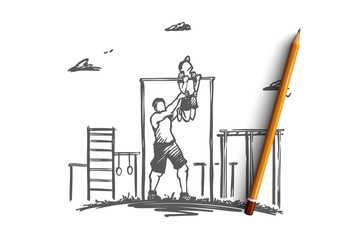 Father, son, family, exercise, sport concept. Hand drawn isolated vector.