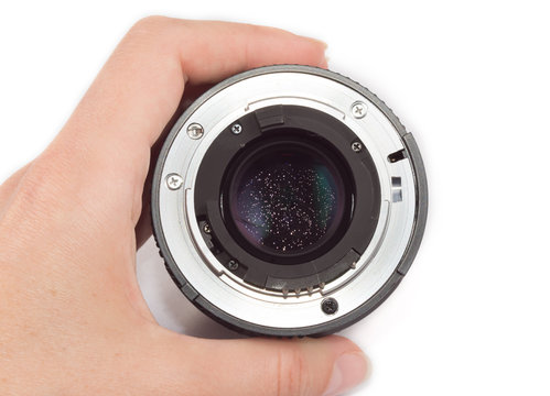 Camera lens cementation separation. Schneideritis defect. Photography old vintage lenses issues. Isolated on white background.