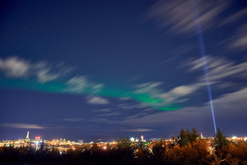 northern lights above Reykjavik in Iceland at night