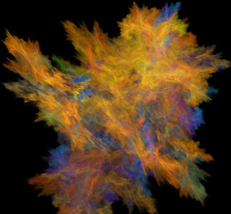 Abstract colorful orange yellow blue fractal on black background. Fantasy fractal texture. Digital art. 3D rendering. Computer generated image.