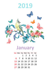 romantic floral banner with bird. Calendar for 2019, january