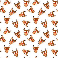 Seamless pattern of cute cartoon reindeer on white background. Christmas emoji. Vector illustration