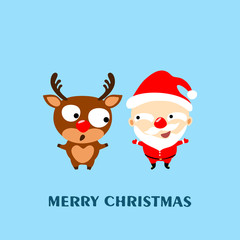 Merry Christmas! Cartoon reindeer Rudolph and Santa Claus. Greeting card 2019,  vector illustration