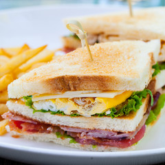 Club sandwich with french fries on a white plate. Summer outdoor background. Close up.