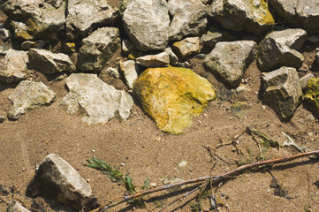 Yellow and gray cobblestones on a sandy beach on a bright sunny day