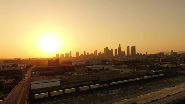 Aerial Establish Shot Los Angeles Downtown Sunset Skyline from 7th Bridge