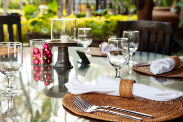 Christmas, New Year table setting, asian style. Restaurant table.