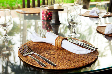 Christmas, New Year table setting, asian style. Restaurant table.