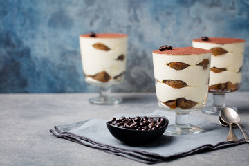 Tiramisu, traditional Italian dessert with savoiardi in glass on a grey stone background. Copy space.