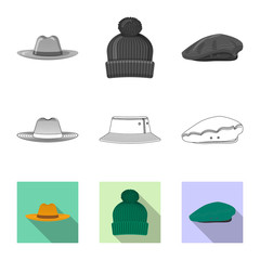 Vector illustration of headwear and cap icon. Set of headwear and accessory stock vector illustration.