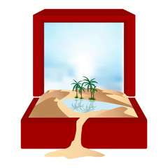 Oasis in desert - landscape background. Vector illustration with sand dunes, blue lake and palms.