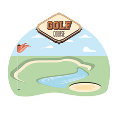 golf curse with sand trap and lake