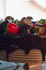 chocolate cake with stuffing and strawberries