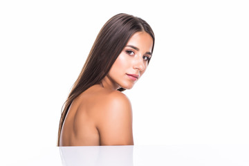 Fototapeta premium closeup side portrait of beautiful female face over white background