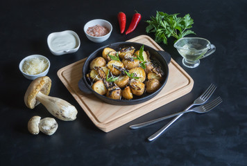 Rustic potatoes with mushrooms on a black table. Top view.