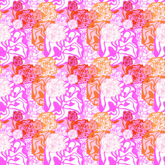 Seamless background pattern with a variety of colored floral motifs.