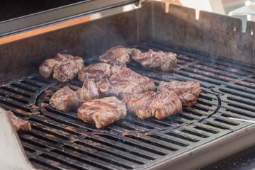Sommer Grillparty Grillen lecker Barbecue Grill Fleisch Steaks. Leckere Filets aus Schweinefleisch, Rindfleisch, Putenfleisch, oder Hähnchenfleisch auf Holzkohlegrill oder Gasgrill. Rauchig und zart