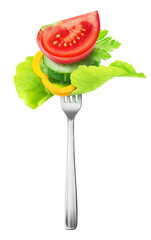 Isolated cut vegetables. PIeces of tomato, cucumber, yellow bell pepper and leaf of lettuce on a steel fork isolated on white background with clipping path