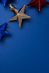 Merry Christmas and Happy New Year celebration card. Flat lay, top view holiday decorationion toys. Place for text