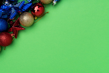 Merry Christmas and Happy New Year celebration. Flat lay, top view, colorful toys.