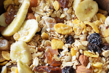 healthy breakfast, muesli of oatmeal for breakfast with milk